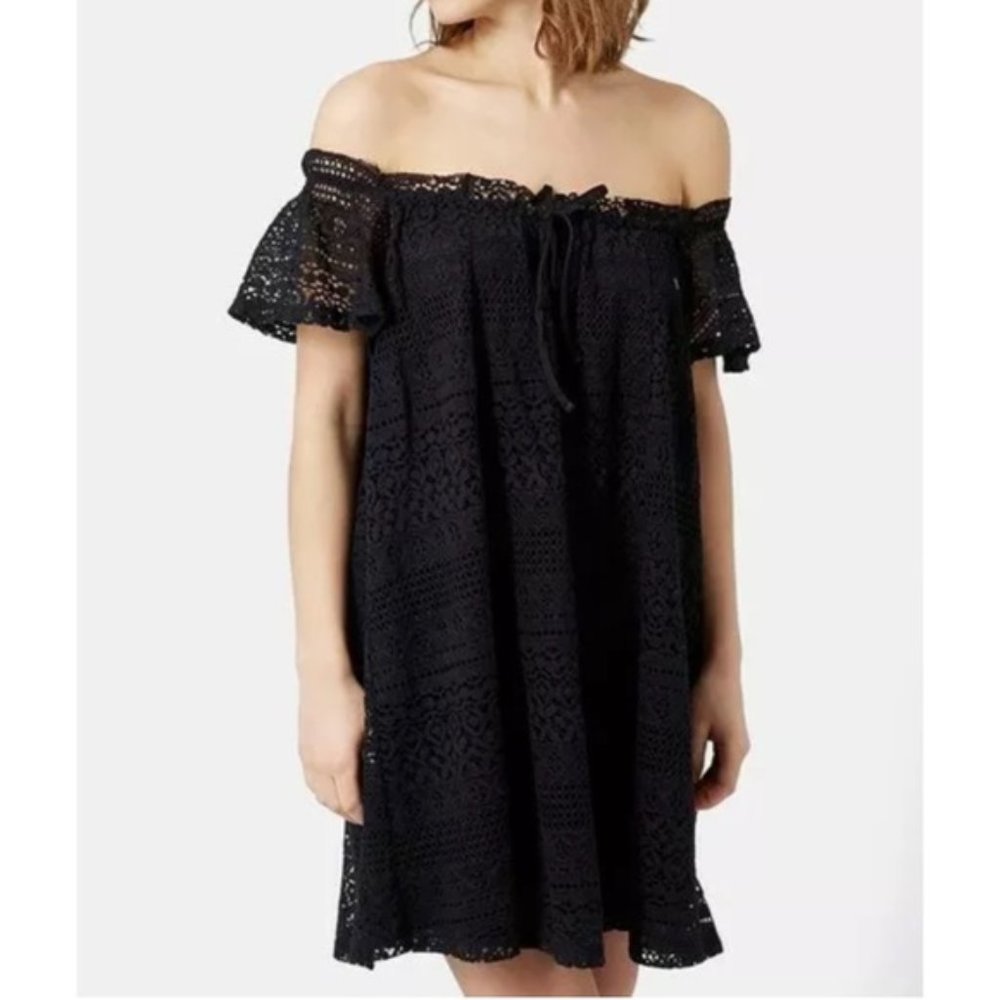 TOPSHOP Off Shoulder Black Lace Mini Dress Size 12